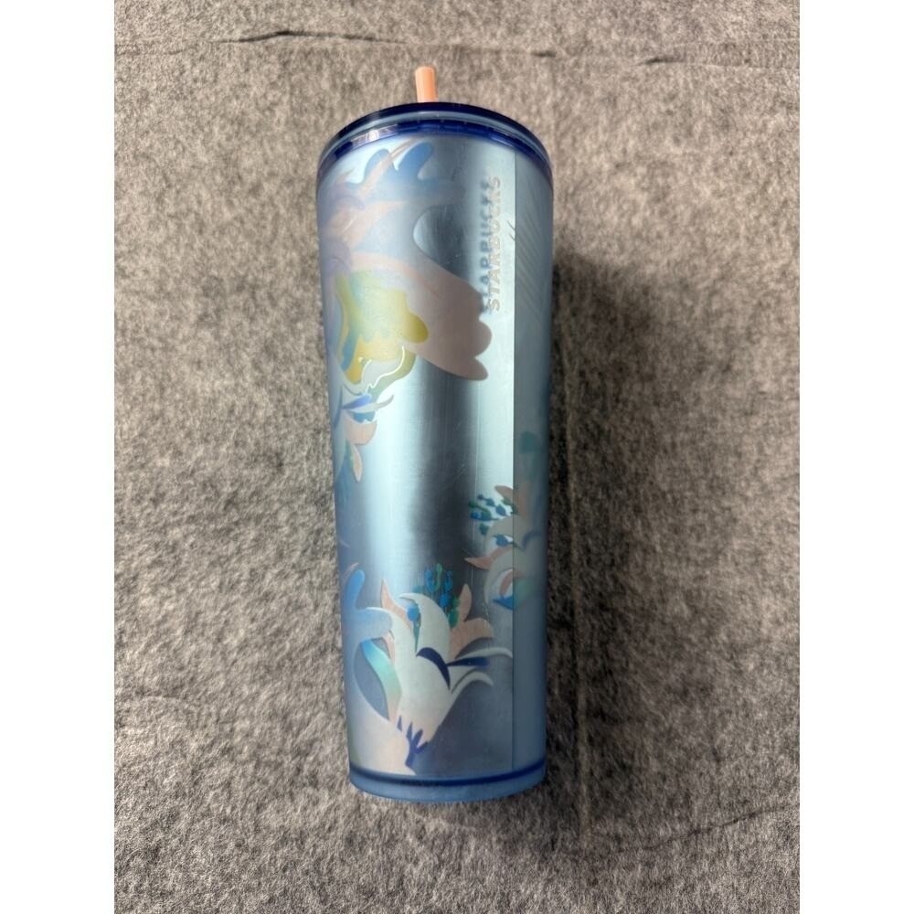 Starbucks Tumbler Frosted Blue Floral 24oz Cold Cup with Straw&Lid - Picture 5 of 7